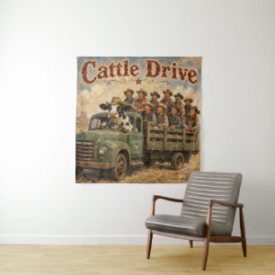 Cattle Drive Cartoon – Cow Driving Cowboys Tapestry