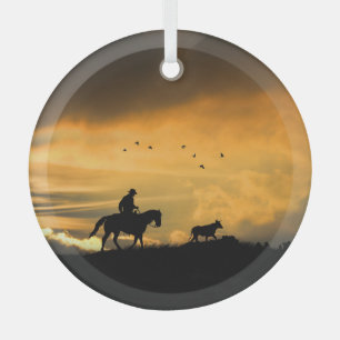 Cattle Drive Cowboy and Steer in Sunset Glass Tree Decoration