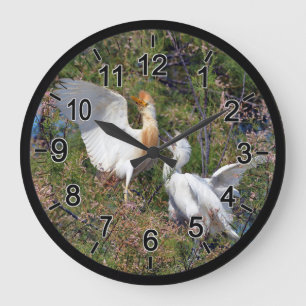Cattle egret and little egret in tree large clock