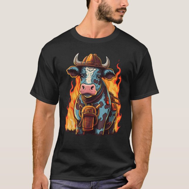 Cattle Fireman on Firefighter Cow T-Shirt (Front)