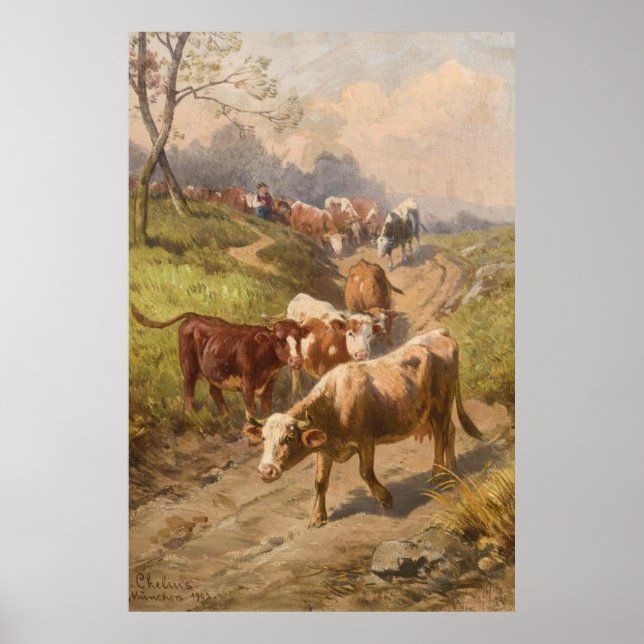 Cattle in the Sunshine with Shepherd Poster (Front)