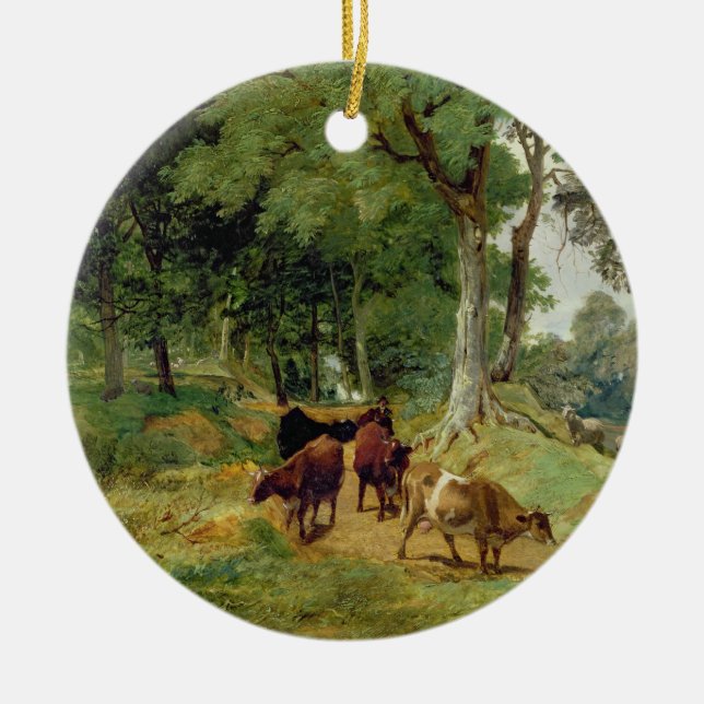 Cattle on a Devonshire Lane Ceramic Tree Decoration (Front)