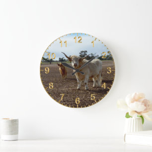 Cattle on the Loose: Highland Cows Wheat Heist Large Clock