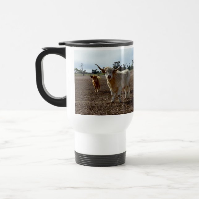 Cattle on the Loose: Highland Cows Wheat Heist Travel Mug (Left)