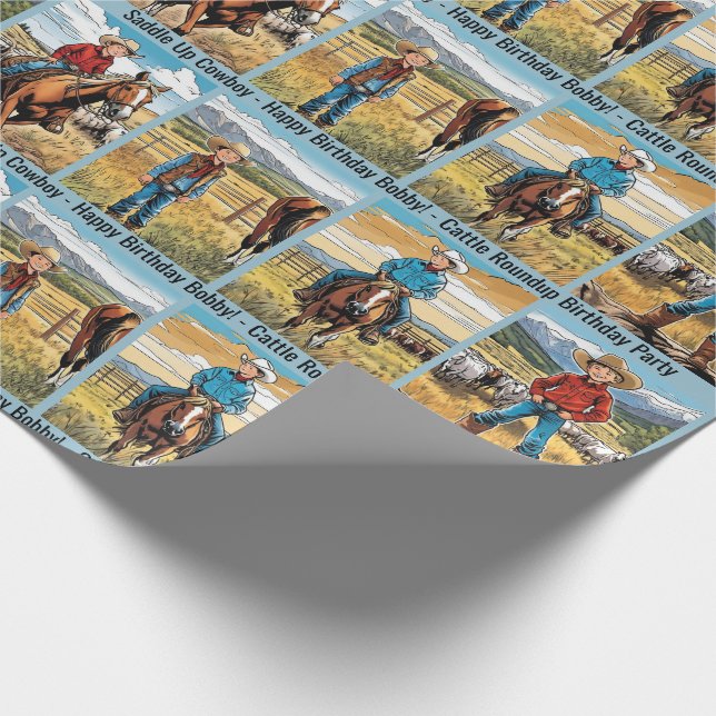Cattle Roundup Boy's Birthday Personalise Name Wrapping Paper (Corner)