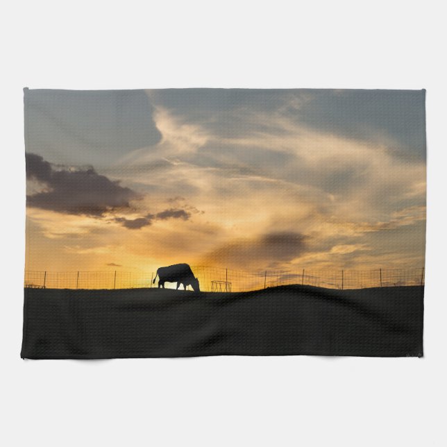 Cattle Sunset Silhouette Tea Towel (Horizontal)