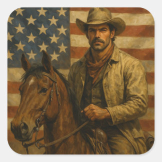 Cattleman on a horse with american flag waving square sticker