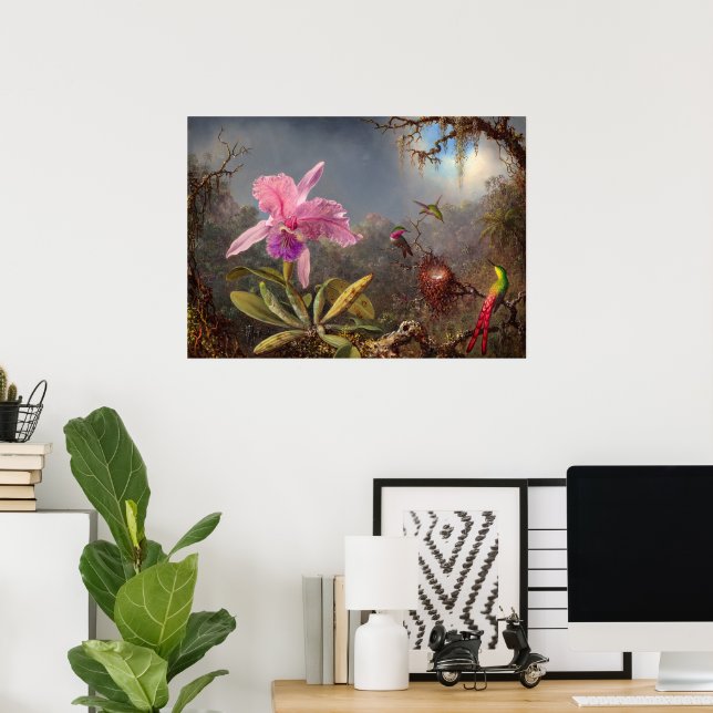 Cattleya Orchid and Three Hummingbirds by Heade Poster (Home Office)