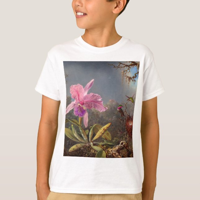 Cattleya Orchid and Three Hummingbirds by Heade T-Shirt (Front)