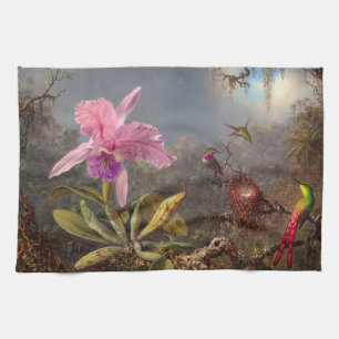 Cattleya Orchid and Three Hummingbirds by Heade Tea Towel