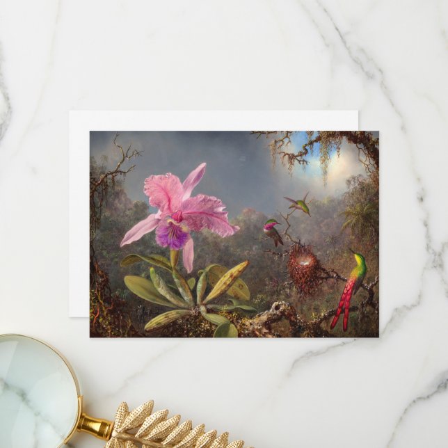 Cattleya Orchid and Three Hummingbirds by Heade Thank You Card (Front/Back In Situ)