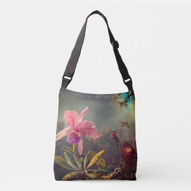 Cattleya Orchid and Three Hummingbirds Heade Crossbody Bag (Front)