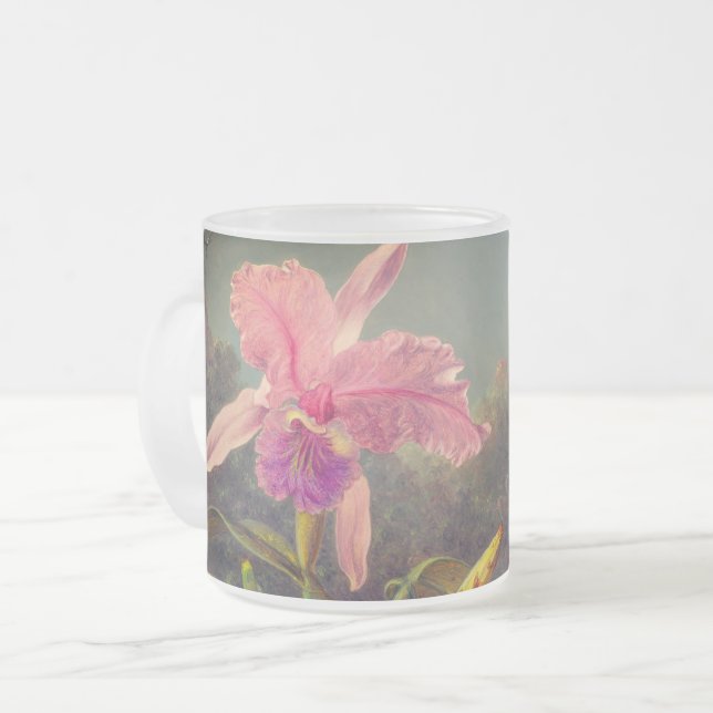 Cattleya Orchid and Three Hummingbirds Heade Frosted Glass Coffee Mug (Front Left)