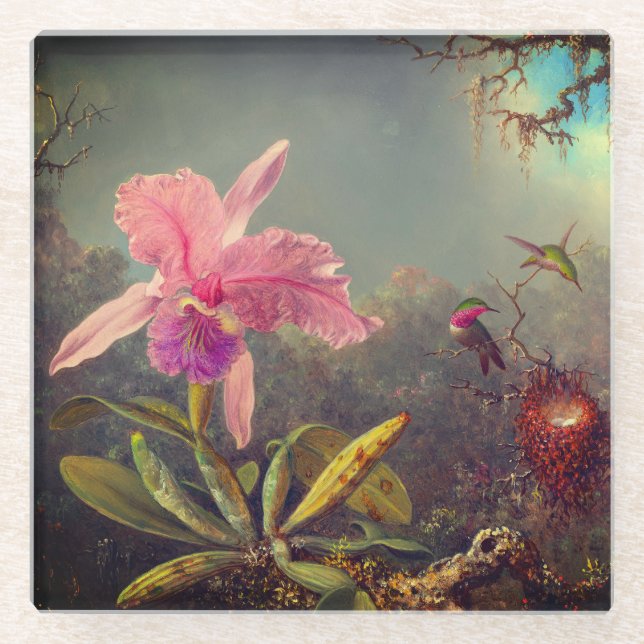 Cattleya Orchid and Three Hummingbirds Heade Glass Coaster (Front)