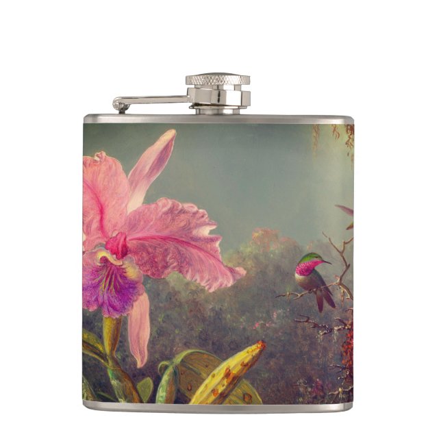 Cattleya Orchid and Three Hummingbirds Heade Hip Flask (Front)