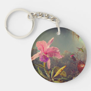 Cattleya Orchid and Three Hummingbirds Heade Key Ring