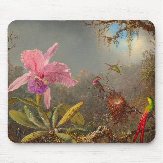 Cattleya Orchid and Three Hummingbirds Heade Mouse Mat (Front)