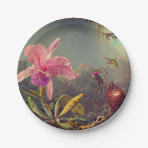 Cattleya Orchid and Three Hummingbirds Heade Paper Plate