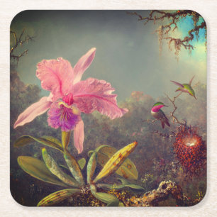 Cattleya Orchid and Three Hummingbirds Heade Square Paper Coaster