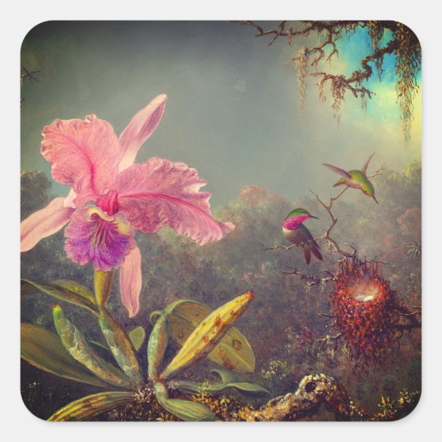 Cattleya Orchid and Three Hummingbirds Heade Square Sticker (Front)