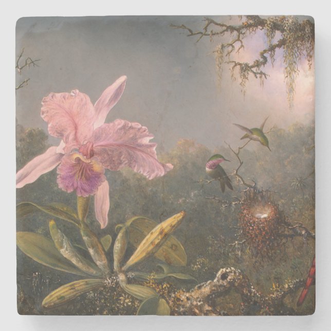 Cattleya Orchid and Three Hummingbirds (Heade) Stone Coaster (Front)