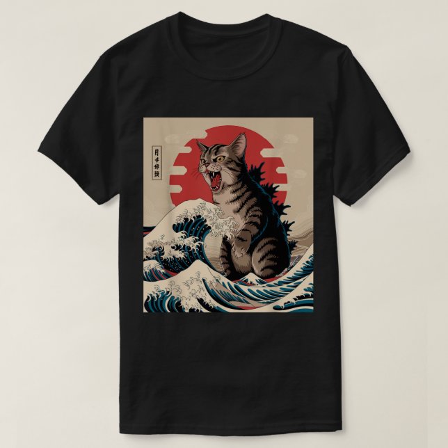 Catzilla Art Japanese Wave Cat Lovers T-Shirt (Design Front)