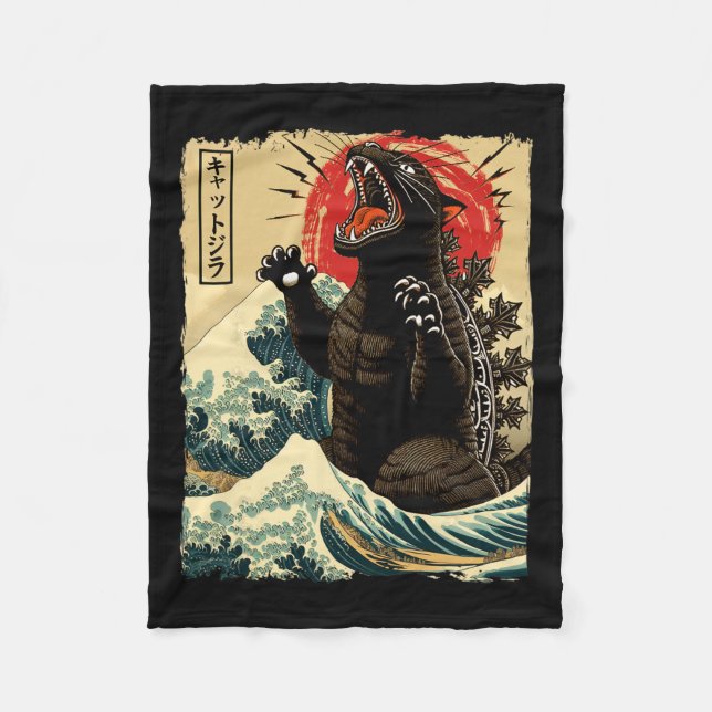 Catzilla Cat Art Funny Cat Japanese For Men Women  Fleece Blanket (Front)