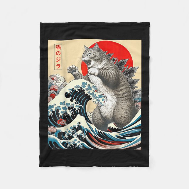 Catzilla Cat Japanese Art  Fleece Blanket (Front)