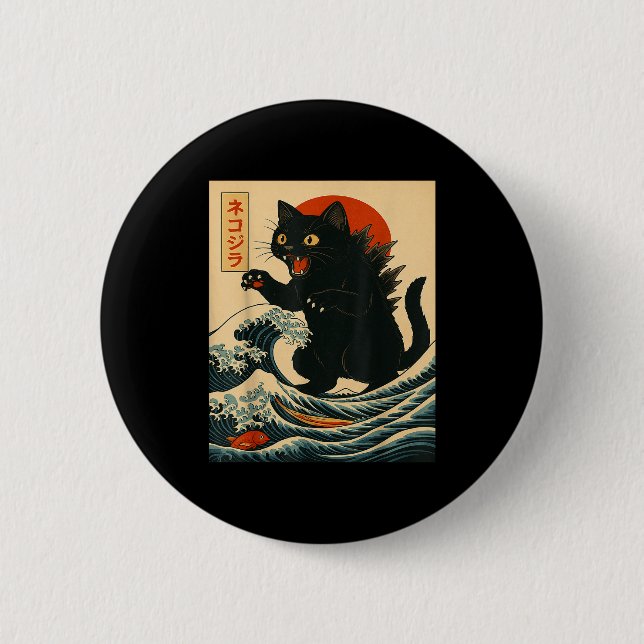 Catzilla Cat Japanese Art Funny Cat For Men Women  6 Cm Round Badge (Front)