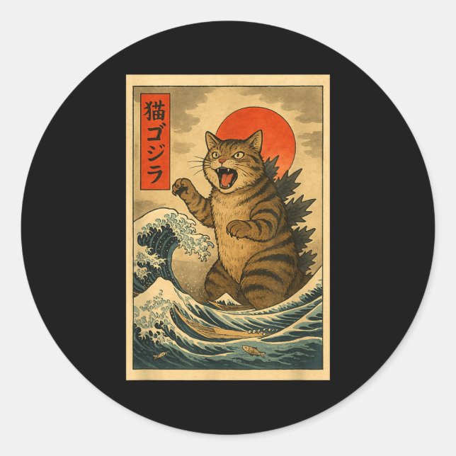 Catzilla Cat Japanese Art Funny Cat For Men Women  Classic Round Sticker (Front)