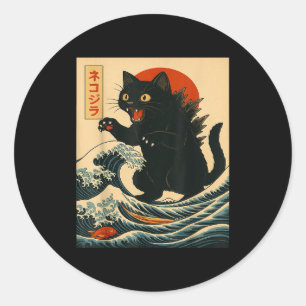 Catzilla Cat Japanese Art Funny Cat For Men Women Classic Round Sticker