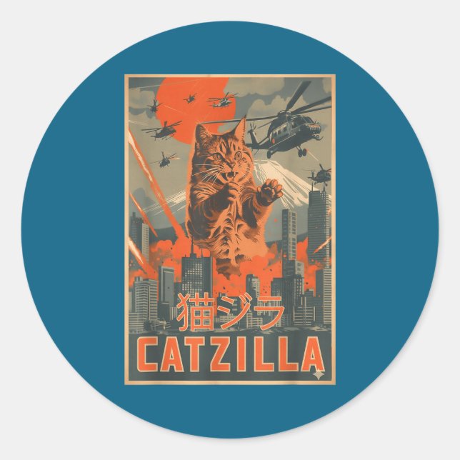 Catzilla Cat Japanese Art Funny Cat For Men Women  Classic Round Sticker (Front)