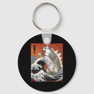 Catzilla Cat Japanese Art Funny Cat For Men Women Key Ring