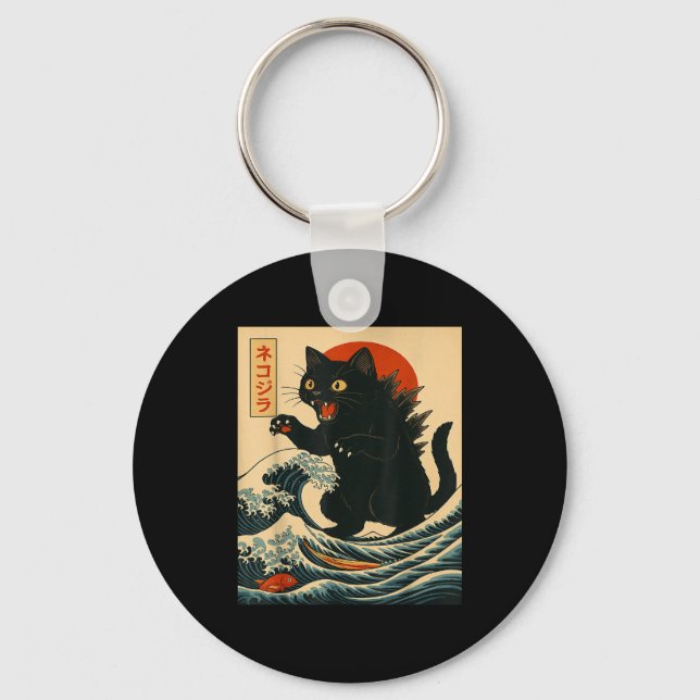 Catzilla Cat Japanese Art Funny Cat For Men Women  Key Ring (Front)