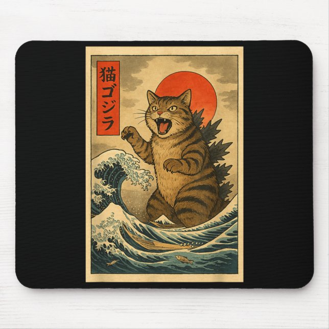 Catzilla Cat Japanese Art Funny Cat For Men Women  Mouse Mat (Front)