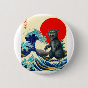 Catzilla Cat Japanese Art Funny Cat Gifts For Men 6 Cm Round Badge