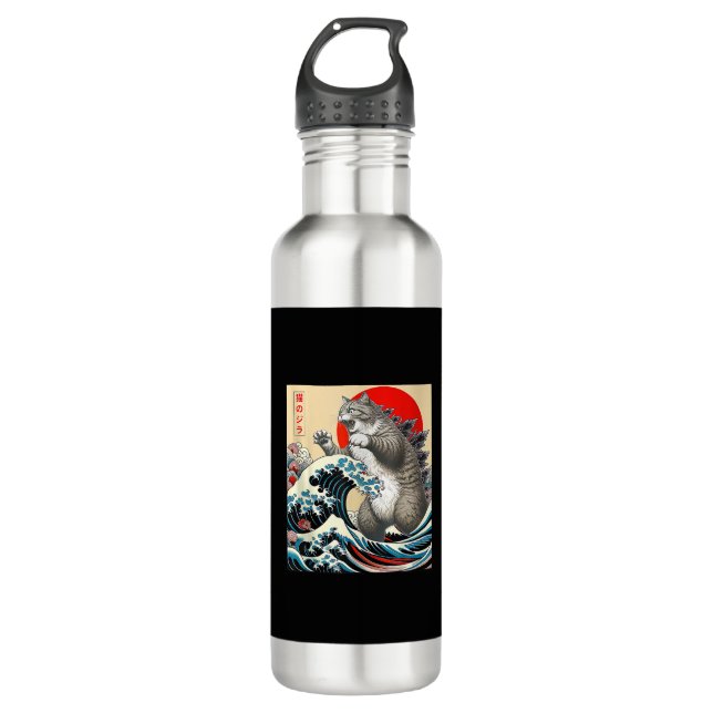 Catzilla Cat Japanese Art Funny Cat Gifts For Men  710 Ml Water Bottle (Front)