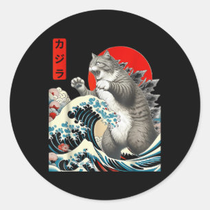 Catzilla Cat Japanese Art Funny Cat Gifts For Men Classic Round Sticker