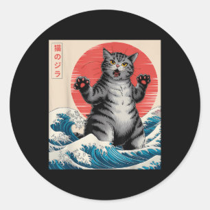 Catzilla Cat Japanese Art Funny Cat Gifts For Men Classic Round Sticker