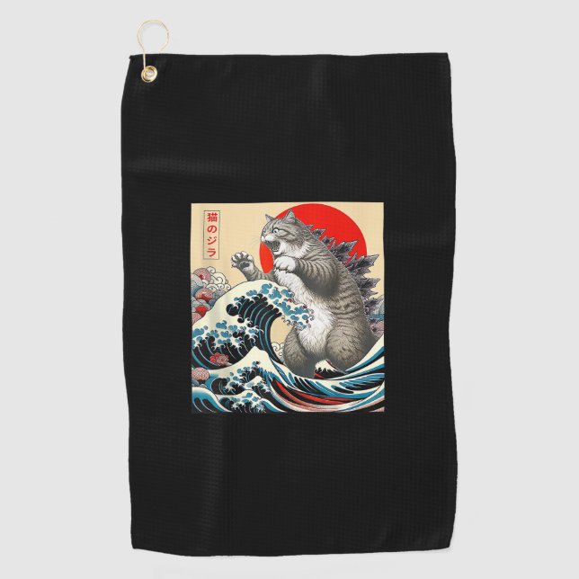 Catzilla Cat Japanese Art Funny Cat Gifts For Men  Golf Towel (Front)