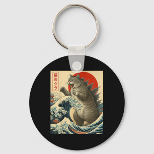 Catzilla Cat Japanese Art Funny Cat Gifts For Men Key Ring
