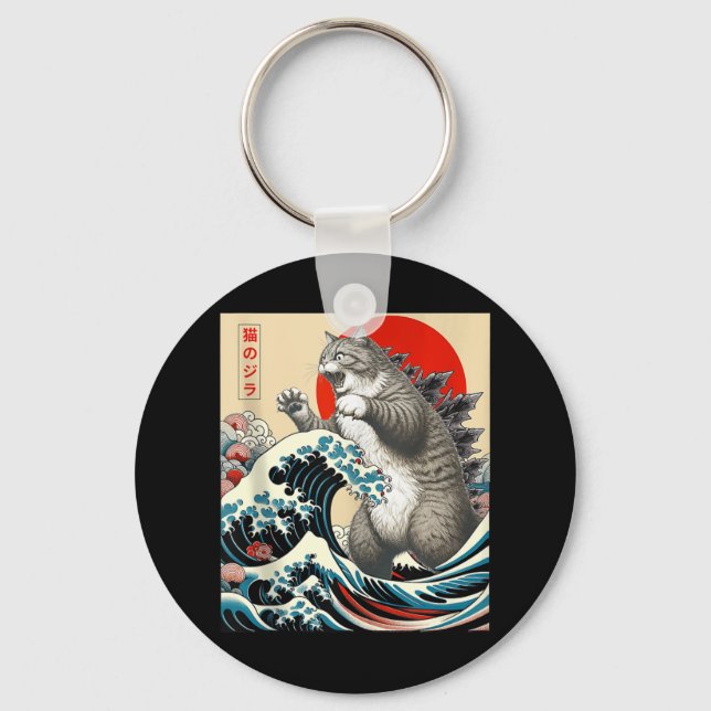 Catzilla Cat Japanese Art Funny Cat Gifts For Men  Key Ring (Front)
