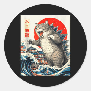 Catzilla Cat Japanese Art Funny Cat Graphic for Classic Round Sticker