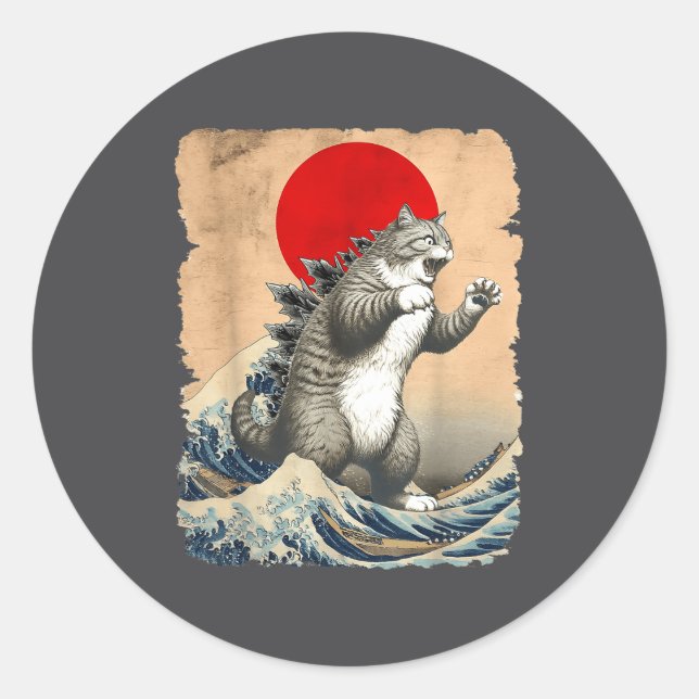 Catzilla Cat Japanese Art Funny Cat Meme For Men W Classic Round Sticker (Front)