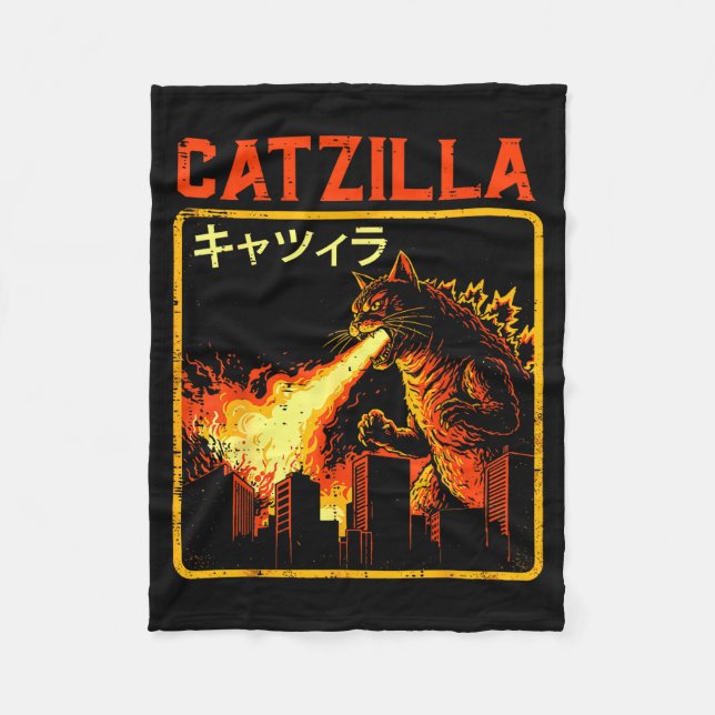 Catzilla Cat Monster Funny Japanese Parody Women M Fleece Blanket (Front)