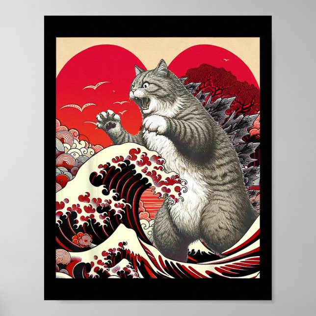 Catzilla Cat Valentine Japanese Art Funny Cat Gift Poster (Front)