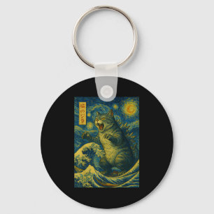 Catzilla Funny Cat Japanese Art Starry Night Wave Key Ring