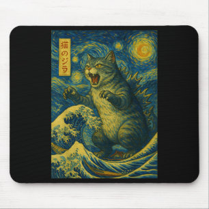 Catzilla Funny Cat Japanese Art Starry Night Wave Mouse Mat