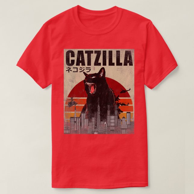 Catzilla Funny Cat Japanese Sunset T-Shirt (Design Front)