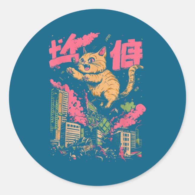 Catzilla Funny Giant Cat Monster Kaiju Japanese Ka Classic Round Sticker (Front)